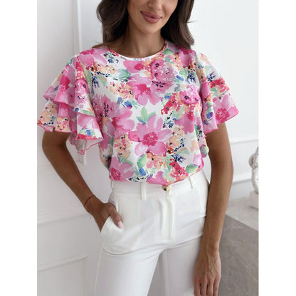 Damen Bluse Voluminöse Rüschensäume Floraler Druck