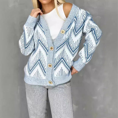Damen Strickjacke Zigzag-Muster Knöpfe Beige