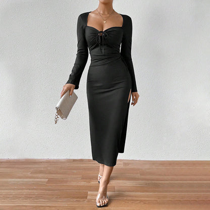 Damen Langarm-Rippkleid mit Kordelzug Norvielle