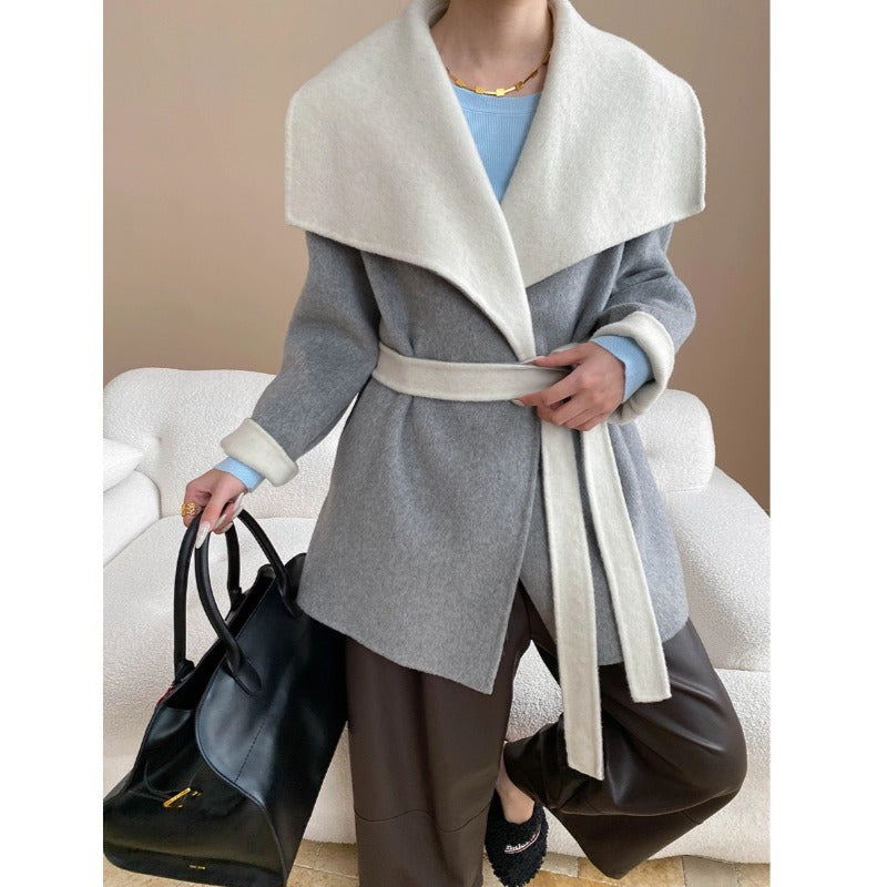 Damen Wolljacke Breiter Revers Bindegürtel Beige