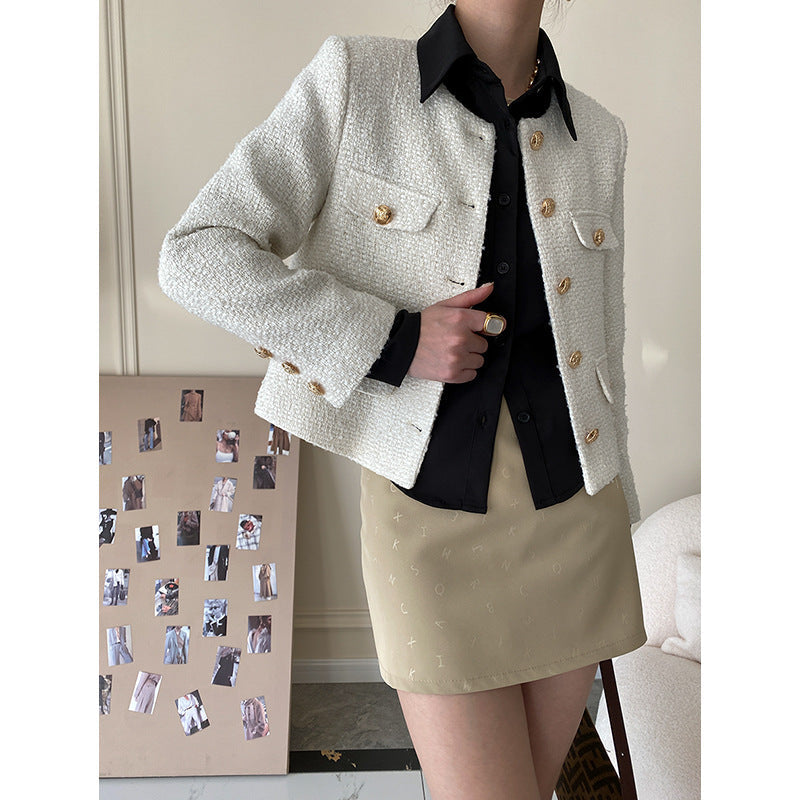 Damen Tweedjacke Elegant Dekorative Knöpfe Beige