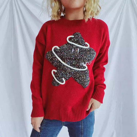 Damen Strickpullover Glitzerndes Sternenmotiv Locker Norvielle - Norvielle