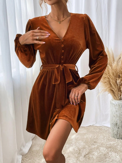 Damen Samtkleid V-Ausschnitt Taillengürtel Norvielle