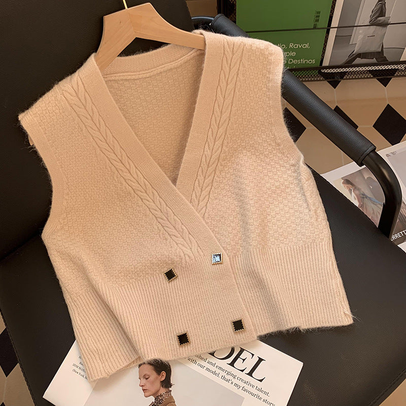 Damen Strickweste Zopfmuster Elegante Knöpfe Beige