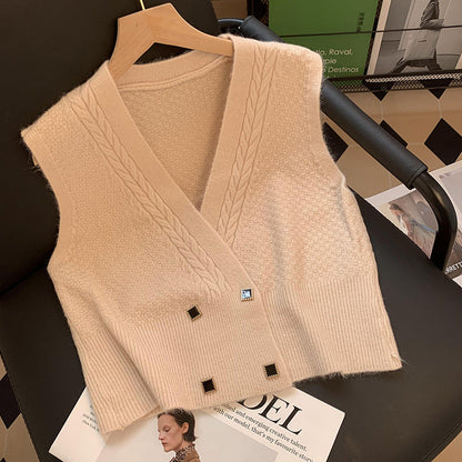 Damen Strickweste Zopfmuster Elegante Knöpfe Beige