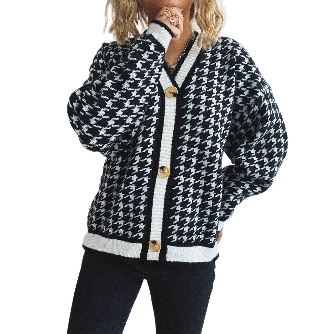 Damen Strickjacke Klassisches Hahnentritt-Muster Große Knöpfe
