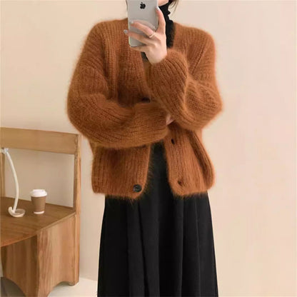 Damen Strickjacke Flausch Norvielle Lässig Knopf