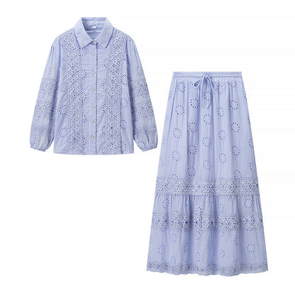 Damen Bluse und Maxirock Set Blumengestickt Norvielle