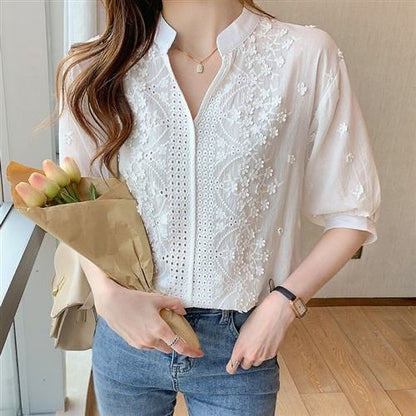 Damen Bluse Halbärmel Florale Stickerei Norvielle