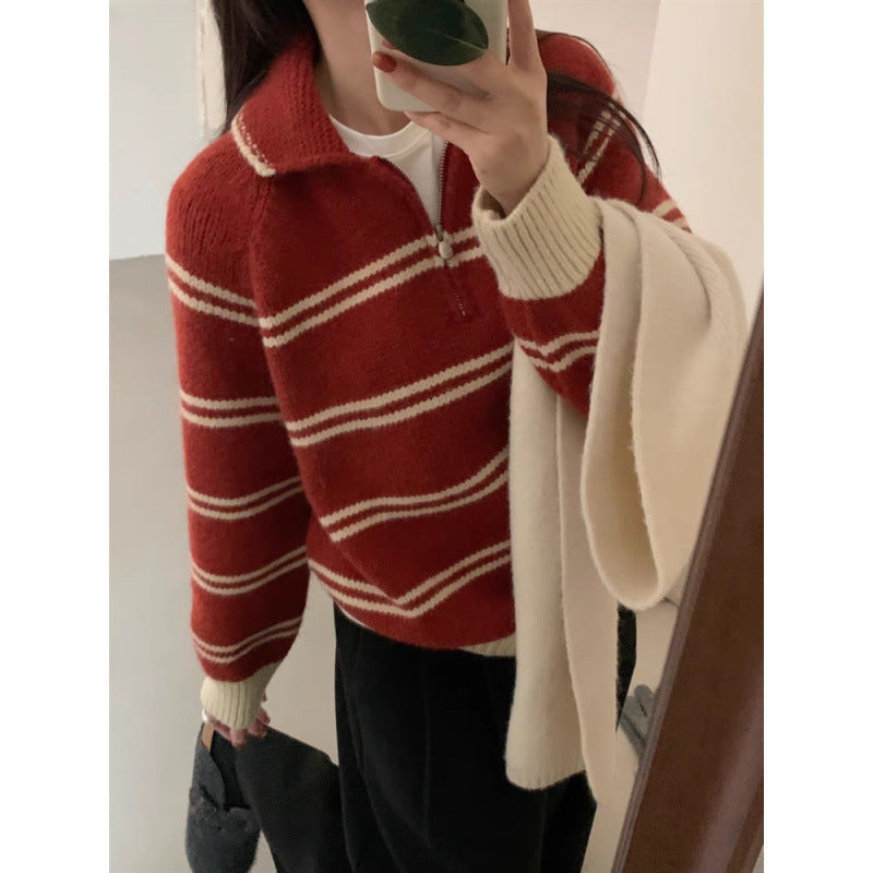 Damen Strickpullover Halbreißverschluss Gestreift Norvielle