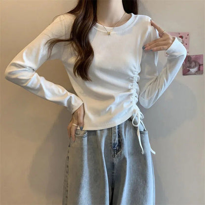 Damen Langarmshirt Rüschendetail Lässig Weiß
