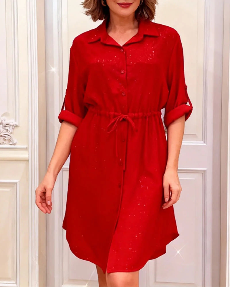 Damen Hemdblusenkleid Taillenschnürung Strass Verzierung Norvielle