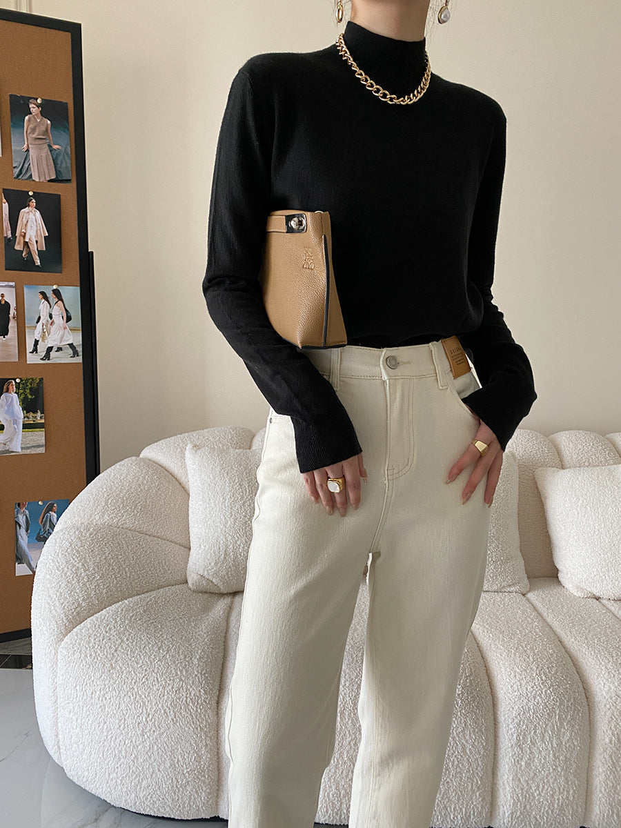 Damen Langarmoberteil Höherer Kragen Rippstruktur Beige