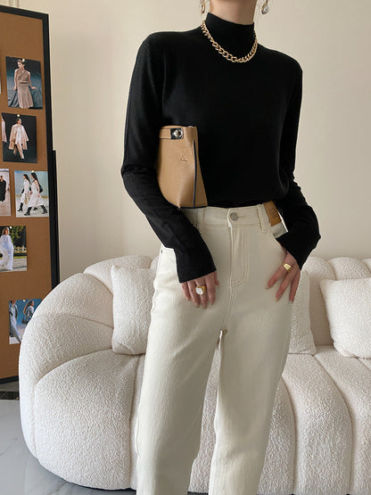 Damen Langarmoberteil Höherer Kragen Rippstruktur Beige