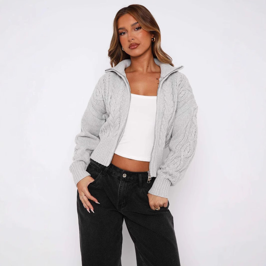 Damen Strickcardigan Kurz Zopfmuster Reißverschluss Norvielle