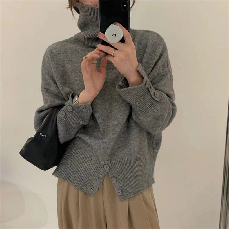 Damen Rollkragenpullover Kuschelfleece Knöpfe Beige