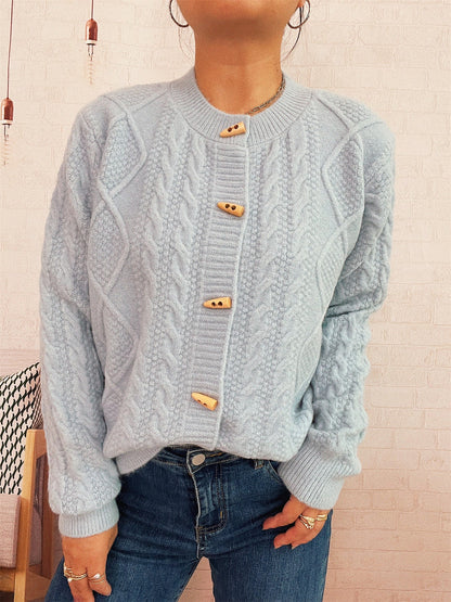 Damen Strickcardigan Weich Nautisches Zopfmuster Holzknöpfe Beige
