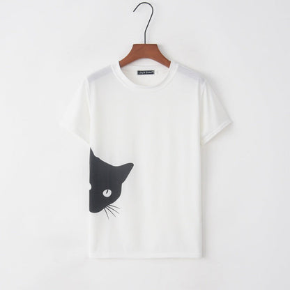 Damen T-Shirt Katzenmotiv Locker Passform Weiß
