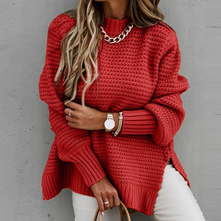 Damen Grobstrickpullover Hochkragen Mit Schlitzen Norvielle