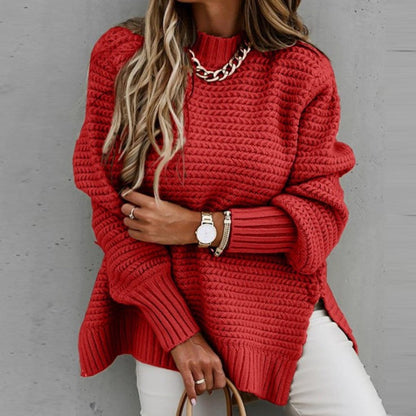 Damen Grobstrickpullover Hochkragen Mit Schlitzen Norvielle