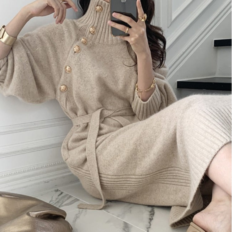 Damen Strickkleid Hochausschnitt Dekorative Knöpfe Norvielle