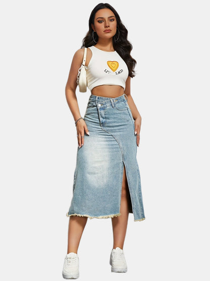 Damen Denim-Rock Asymmetrischer Schlitz Fransiger Saum