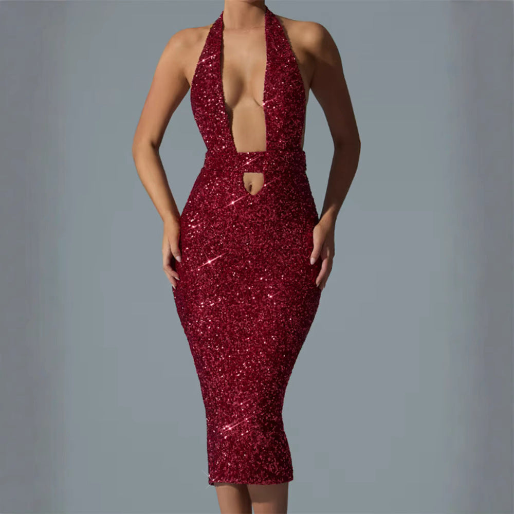 Damen Pailletten-Midi-Kleid V-Ausschnitt Figurbetonter Schnitt