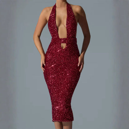 Damen Pailletten-Midi-Kleid V-Ausschnitt Figurbetonter Schnitt