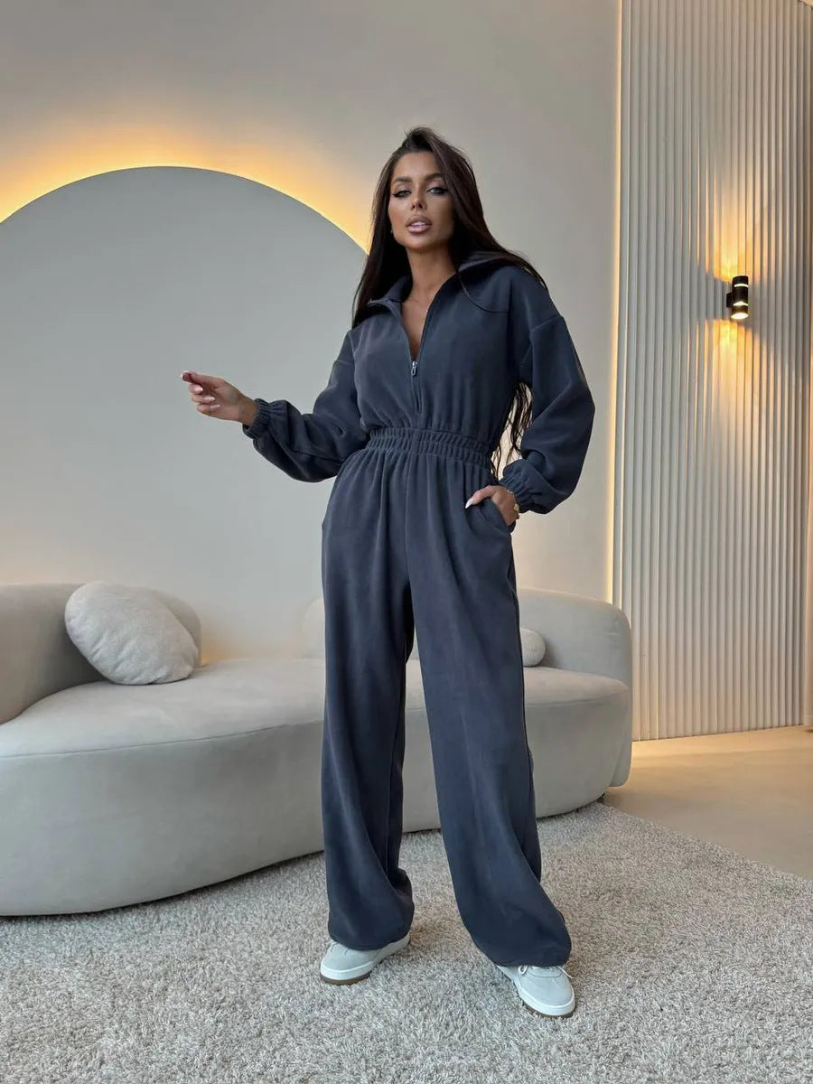 Damen Sportlicher Jumpsuit High-Waist Verdeckter Reißverschluss