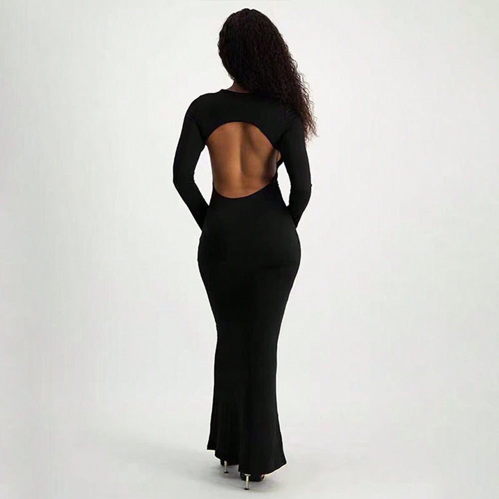 Damen Maxi-Kleid Langarm Schlüsselloch-Ausschnitt Figurbetonter Stil