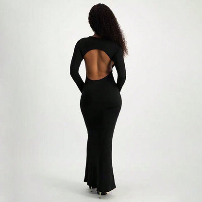 Damen Maxi-Kleid Langarm Schlüsselloch-Ausschnitt Figurbetonter Stil