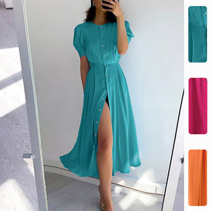 Damen Hemdblusenkleid Knielang mit Knöpfen und Schlitz Schwarz - Norvielle