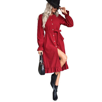 Damen Wickelkleid Langärmlig Knöpfe Tailliert