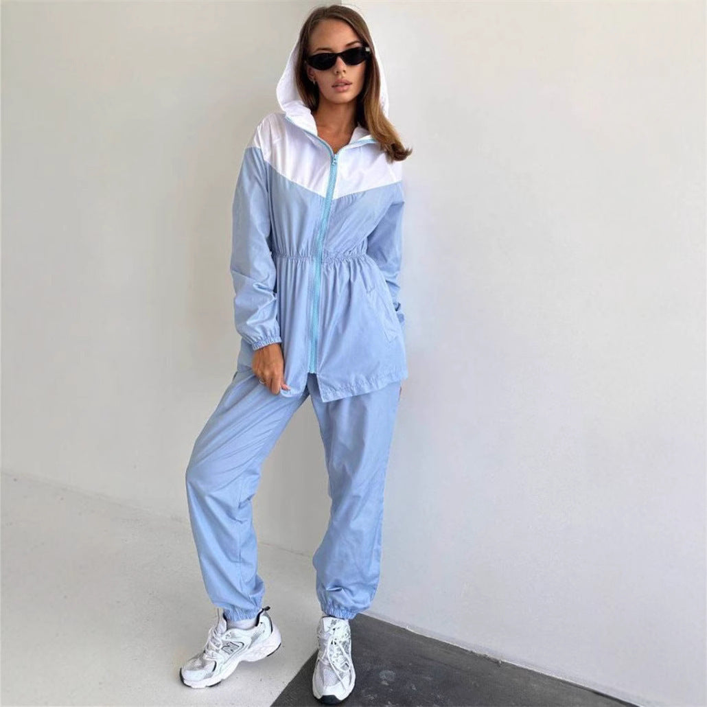 Damen Sportlicher Windbreaker Anzug Elastisch Kontrast Einsätze