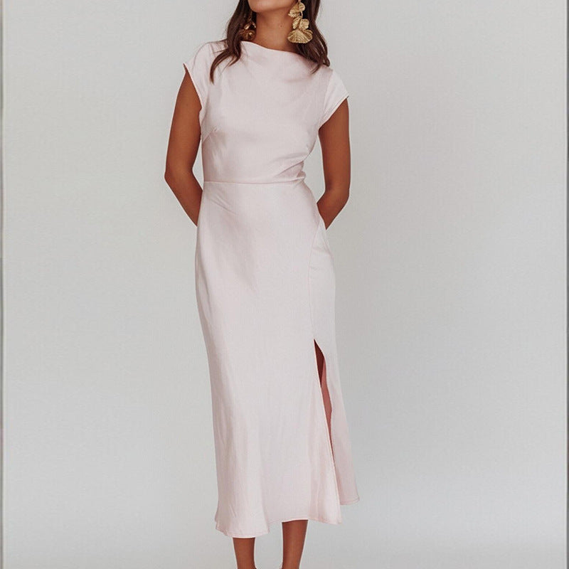 Damen Elegantes Midi-Kleid Satin Stehkragen