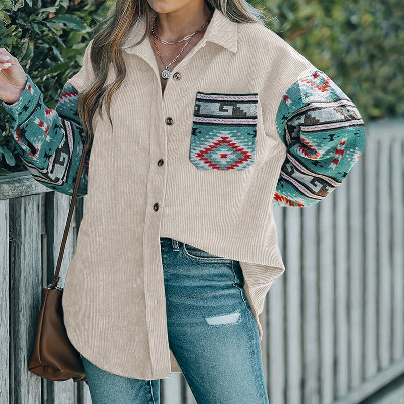 Damen Baumwollhemdjacke mit farbenfrohen Ärmeln und Taschen - Norvielle