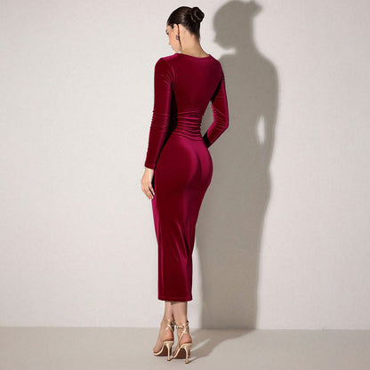 Damen Wickelkleid Samtig Tiefes Dekolleté