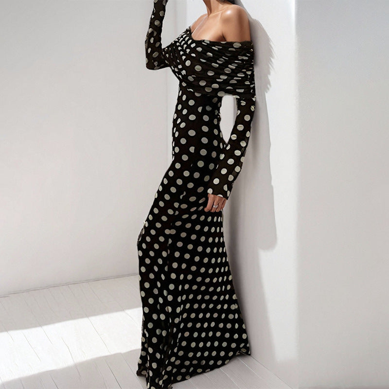 Damen Maxikleid Off-Shoulder Polka-Dot Muster