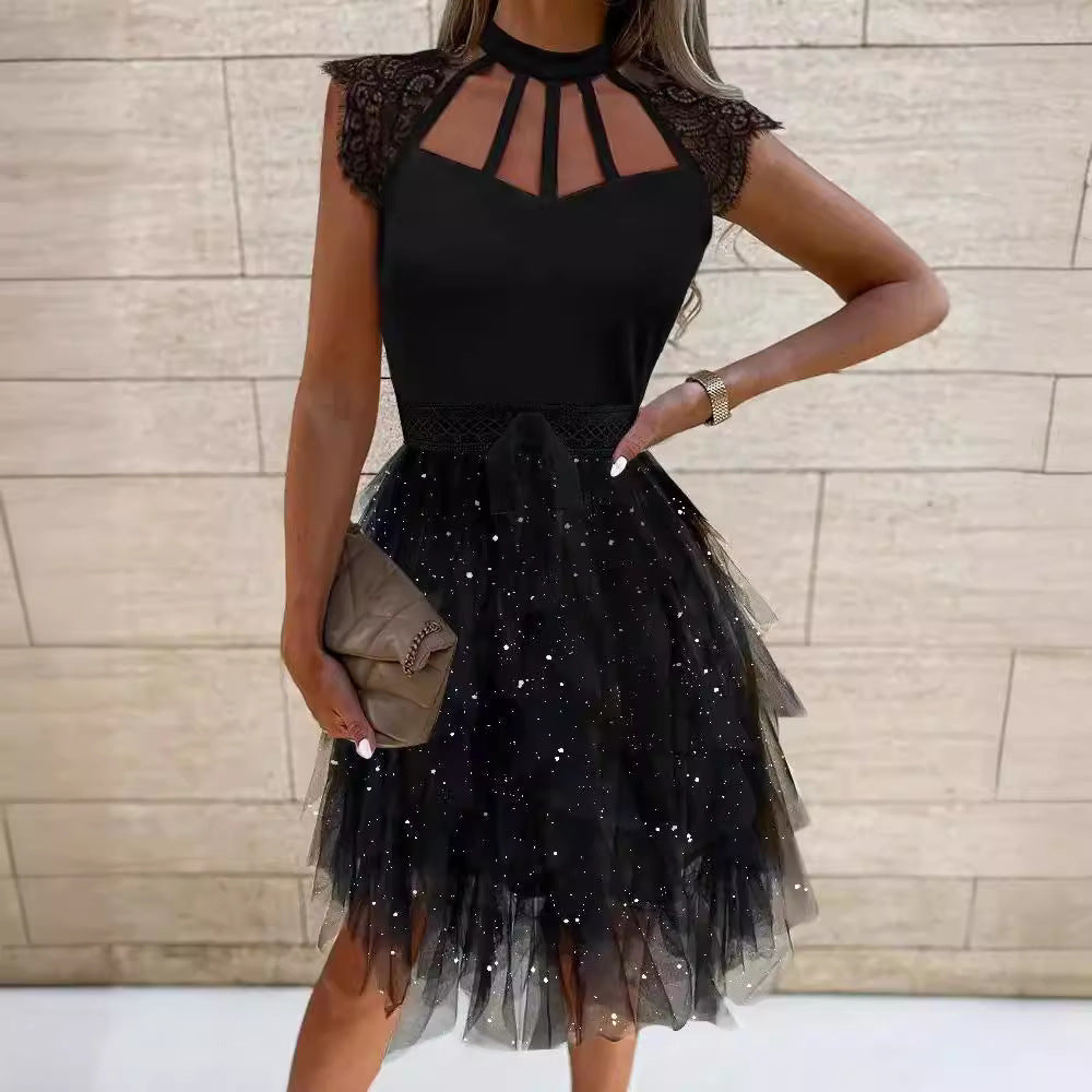 Damen Cocktailkleid Spitze Glitzernd Tüll Norvielle