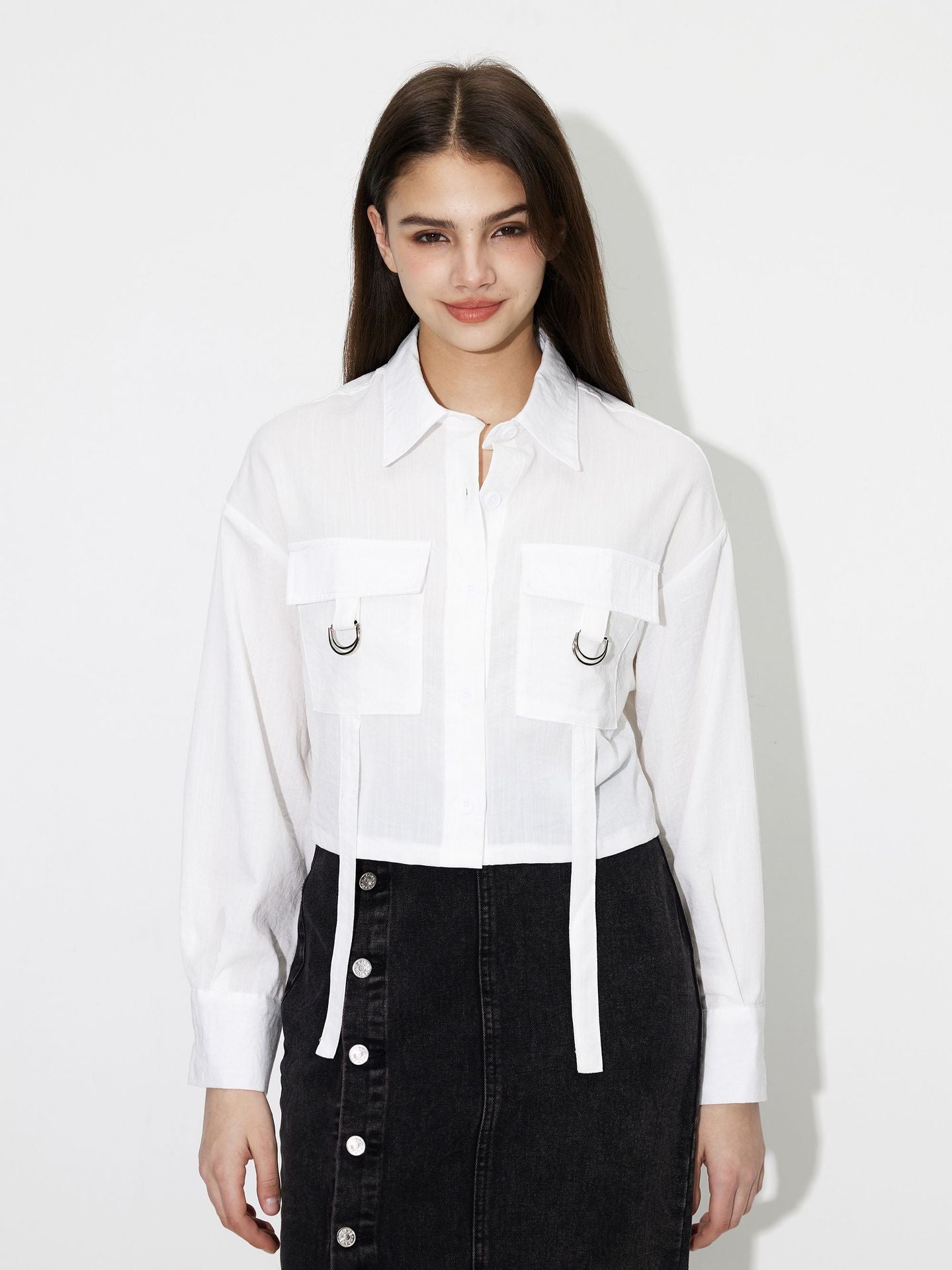 Damen Cropped Hemdbluse mit Taschen Modern