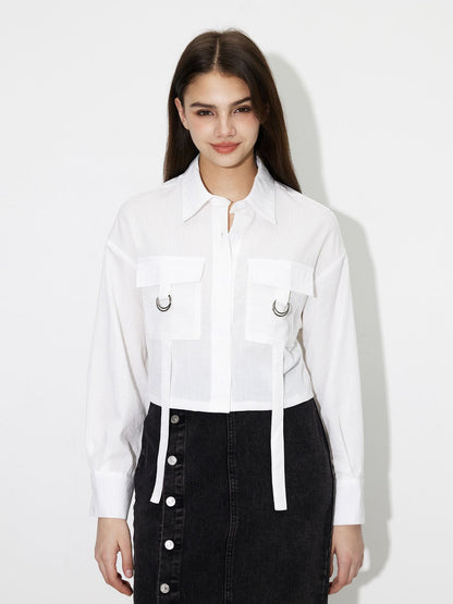 Damen Cropped Hemdbluse mit Taschen Modern
