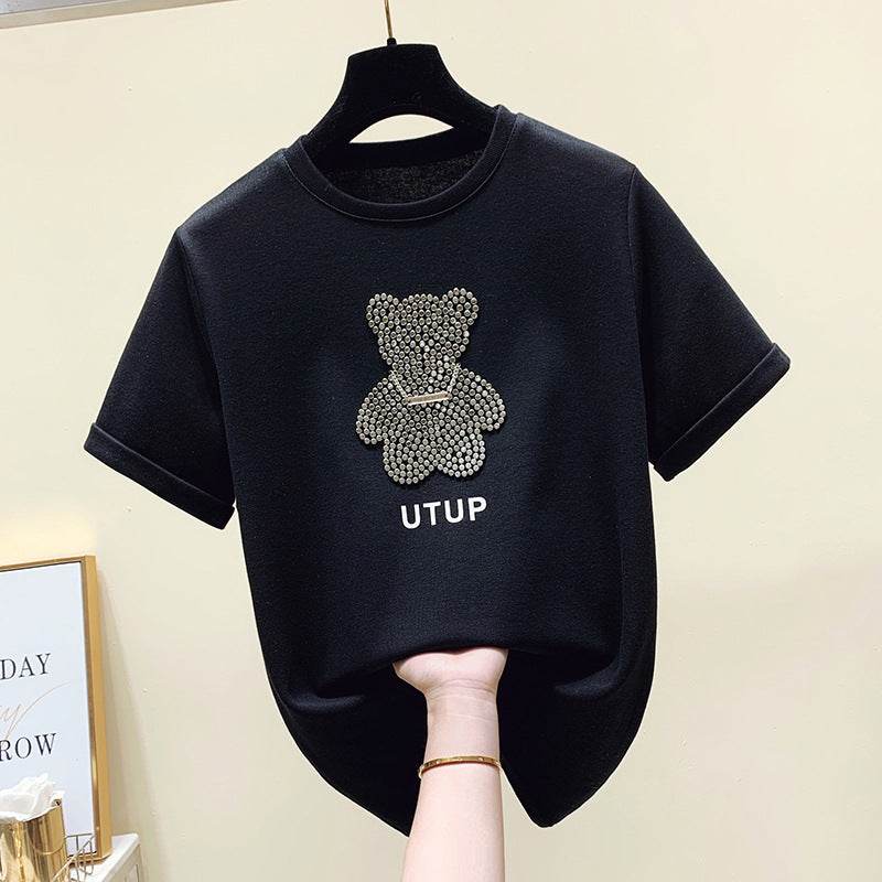 Damen T-Shirt Glitzer Bärenmotiv Lässiger Schnitt Norvielle
