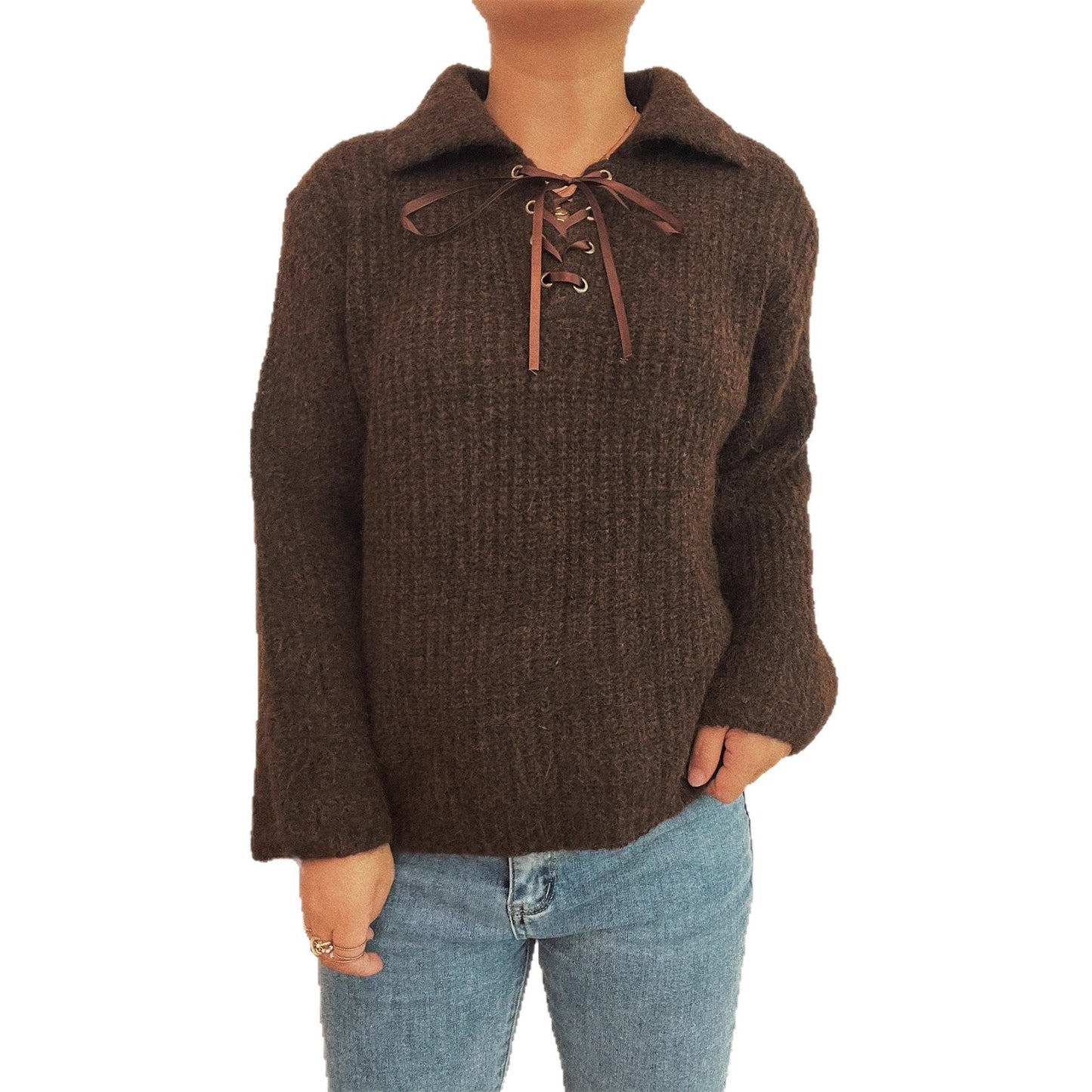 Damen Pullover Weiches Strickmaterial Mit Schnürung Beige