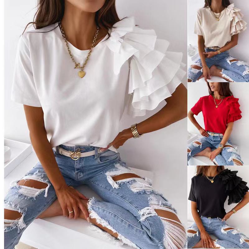 Damen T-Shirt Rüschendetails Baumwolle Weiß