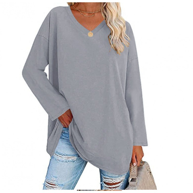 Damen Sweatshirt V-Ausschnitt Langärmlig Asymmetrisch Grau