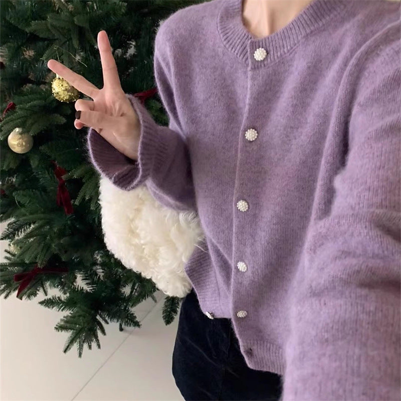 Damen Strickjacke Kuschelig Perlenknöpfe Beige