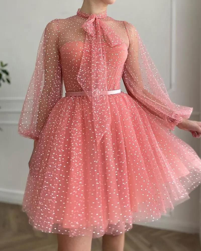Damen Tüllkleid mit Puffärmeln und Schleifen