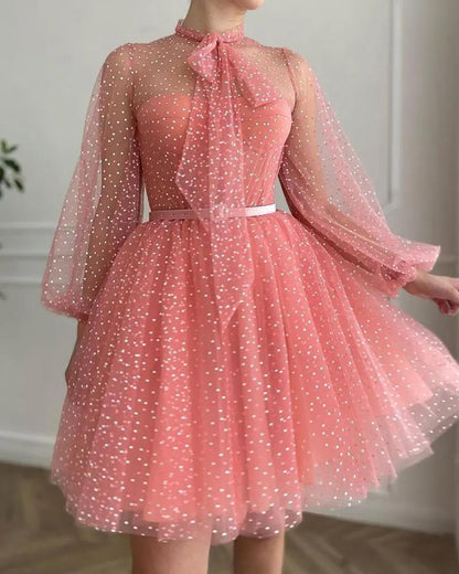 Damen Tüllkleid mit Puffärmeln und Schleifen