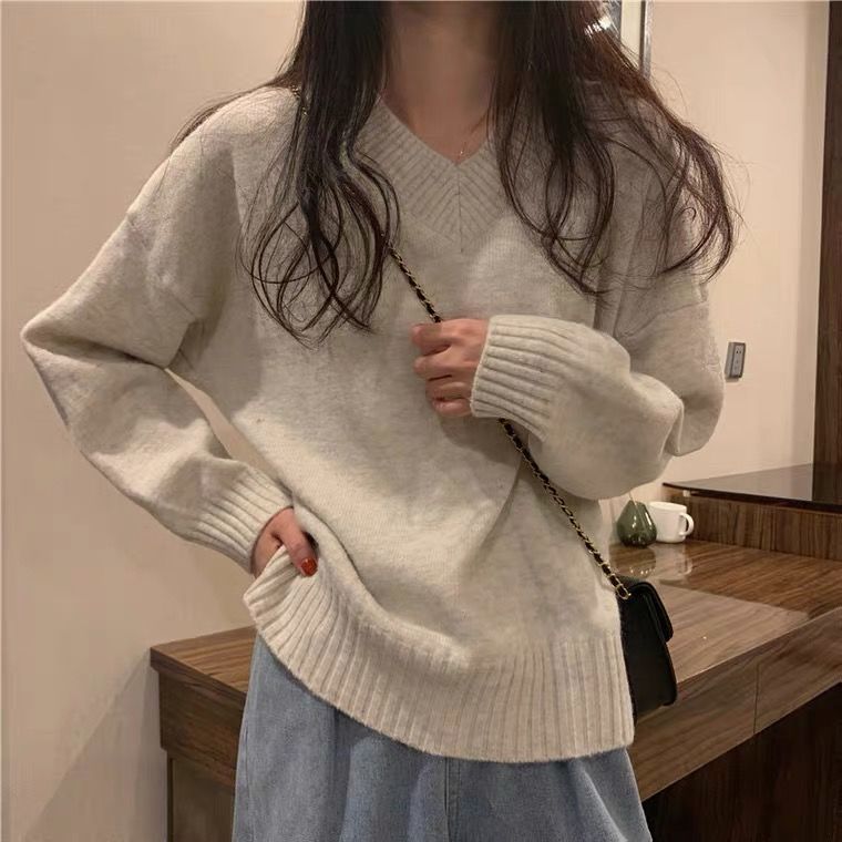 Damen Pullover Weich Wolle V-Ausschnitt Beige - Norvielle