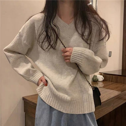 Damen Pullover Weich Wolle V-Ausschnitt Beige - Norvielle